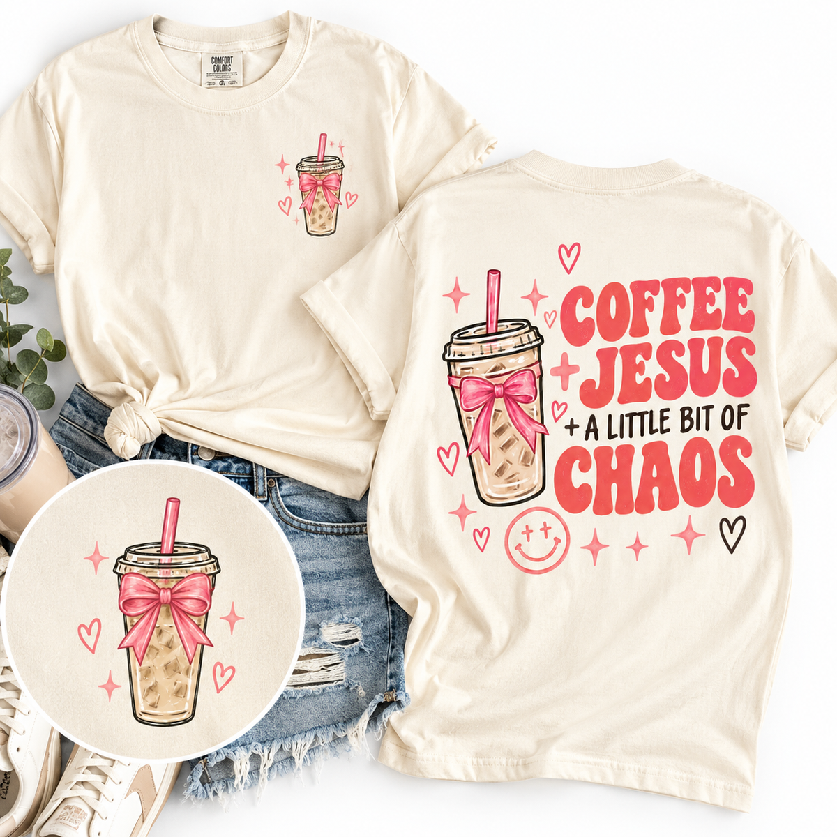 The Coffee + Jesus + A Little Bit of Chaos Graphic Tee – Ivory